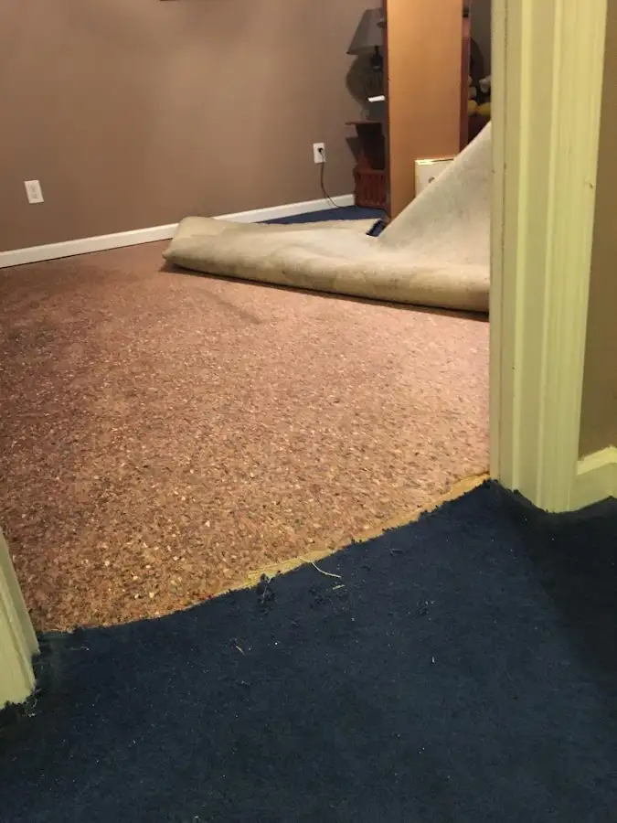 Carpet pad removal revealing water damage during Water Mitigation Services in Skaneateles